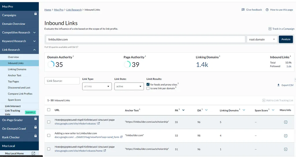 Moz Link Explorer показує звіт про вхідні посилання